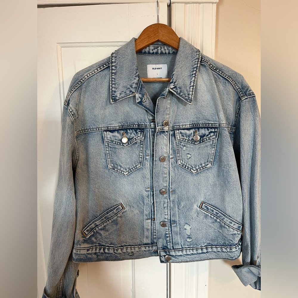 NWT Old Navy Jean Jacket, destroyed style with light wash, Size L
